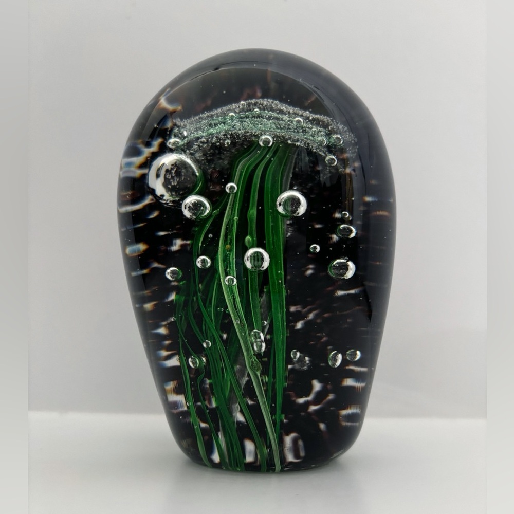 Jellyfish Paperweight Vintage Art Glass Controlled Bubbles Green Black